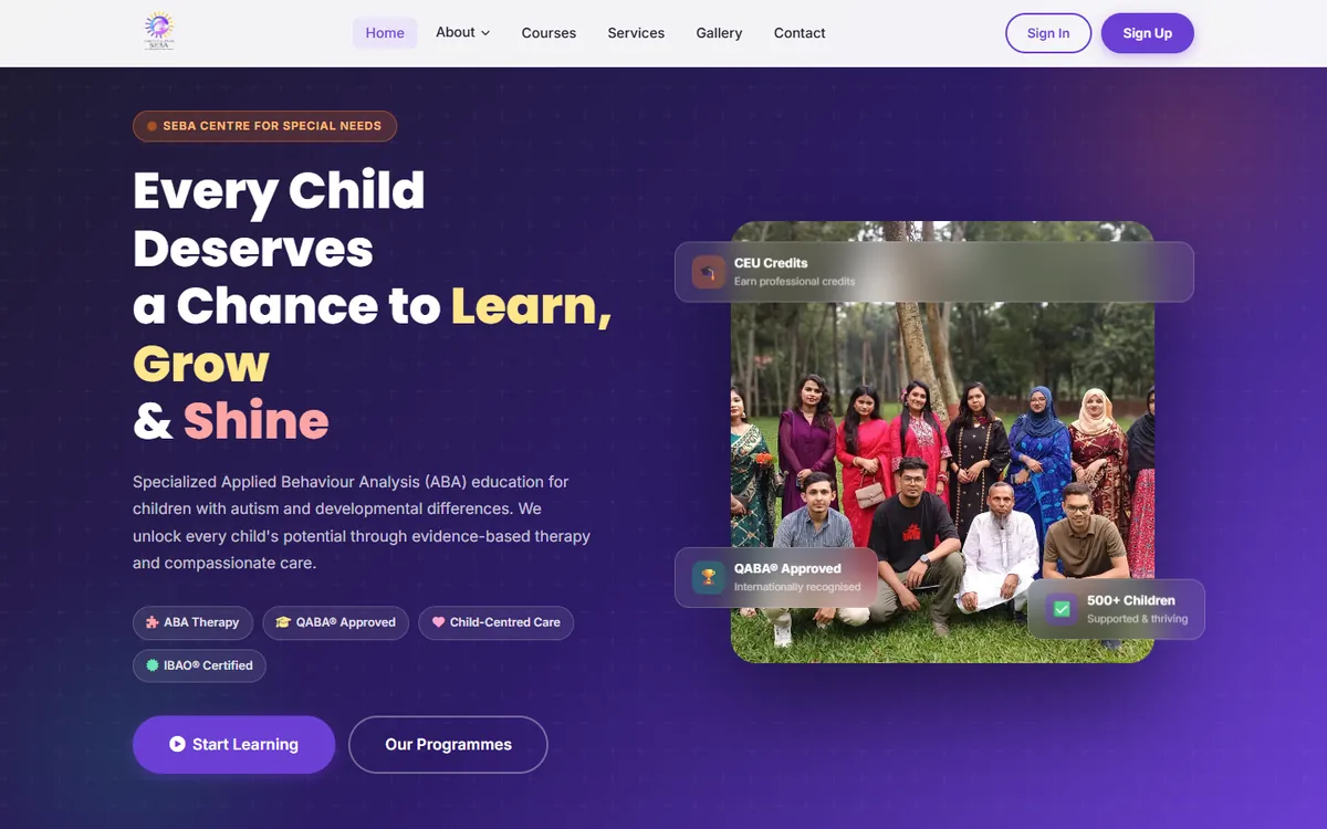 Home page of SEBA Centre for Special Needs